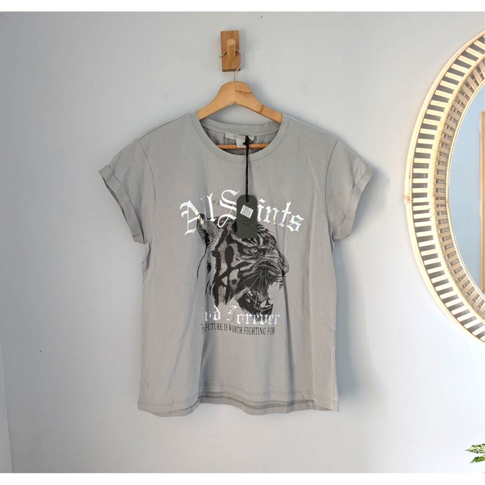 NWT AllSaints Forever Tiger Anna Tiger Graphic Tee Cloud Burst Gray US 8 UK 12